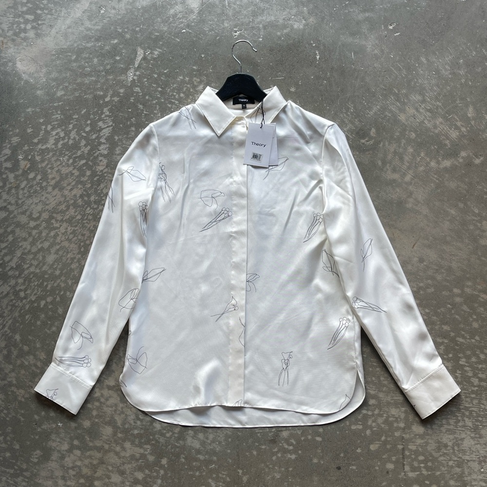 Theory Classic Straight Silk Shirt Abstract Twill White Black Size Small